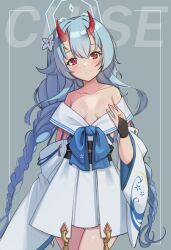 Rule 34 | 1girl, blue archive, braid, breasts, character name, chise (blue archive), closed mouth, collarbone, detached sleeves, flower, hair between eyes, hair flower, hair ornament, halo, highres, horns, kopeolgi, long braid, looking at viewer, off shoulder, oni horns, red eyes, ribbon, simple background, small breasts, smile, solo, twin braids