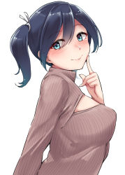 Rule 34 | 1girl, absurdres, alternate costume, blue eyes, blue hair, blush, breasts, brown sweater, cleavage cutout, closed mouth, clothing cutout, fingernails, hair between eyes, highres, kantai collection, kiritto, large breasts, long hair, long sleeves, simple background, smile, solo, souryuu (kancolle), sweater, twintails, upper body, white background