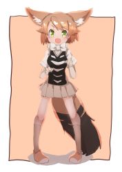 Rule 34 | 10s, 1girl, :d, animal ears, bad id, bad pixiv id, black-backed jackal (kemono friends), bow, bowtie, elbow gloves, extra ears, fang, full body, gloves, green eyes, highres, jackal ears, jackal tail, kemono friends, legs apart, light brown hair, looking at viewer, open mouth, pigeon-toed, pleated skirt, short hair, sketch, skirt, smile, solo, teranekosu, white bow, white bowtie