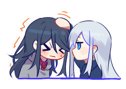 Rule 34 | &gt; &lt;, 2girls, bent over, black hair, blue eyes, blush, blush stickers, chibi, collared shirt, cropped torso, ear blush, frown, hair behind ear, hand on another&#039;s head, headpat, hoshino ichika (project sekai), jitome, long hair, motion lines, multiple girls, nervous, no mouth, plaid, plaid shirt, profile, project sekai, red shirt, shirt, shy, silver hair, simple background, sweatdrop, twitching, upper body, v-shaped eyebrows, very long hair, wavy mouth, white background, ximuye, yoisaki kanade