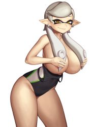 Rule 34 | + +, 1girl, alternate breast size, areola slip, black one-piece swimsuit, breasts, breasts out, cinko, closed mouth, clothes pull, commentary request, competition swimsuit, earrings, eye mask, grey hair, hair censor, hair over breasts, hands on own breasts, highres, huge breasts, inkling, jewelry, long hair, looking at viewer, marie (splatoon), mole, mole under eye, nintendo, one-piece swimsuit, one-piece swimsuit pull, pointy ears, simple background, smile, solo, splatoon (series), splatoon 2, standing, swimsuit, tentacle hair, white background