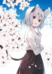Rule 34 | 1girl, adapted costume, akagashi hagane, alternate costume, animal ears, black skirt, blue sky, cherry blossoms, commentary, grey hair, jewelry, looking at viewer, mouse ears, mouse tail, nazrin, open mouth, pendant, red eyes, shirt, short hair, skirt, sky, smile, solo, tail, touhou, white shirt