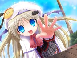 Rule 34 | 1girl, bad id, bad pixiv id, beret, blonde hair, blue eyes, blush, bow, buttons, cape, fang, hair ornament, hairclip, hat, highres, hirose madoka, large buttons, little busters!, long hair, noumi kudryavka, outstretched arm, outstretched hand, pink bow, plaid, plaid skirt, reaching, ribbon, school uniform, silver hair, skirt, smile, solo