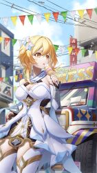 Rule 34 | 1girl, absurdres, bare shoulders, blonde hair, breasts, detached sleeves, dress, eating, flower, food, food truck, genshin impact, gloves, hair between eyes, hair flower, hair ornament, highres, holding, holding food, holding ice cream, holding ice cream cone, ice cream, ice cream cone, long hair, looking at viewer, lumine (genshin impact), medium breasts, motor vehicle, open mouth, philippines, short hair with long locks, solo, tongue, tongue out, truck, white dress, white flower, xfate, yellow eyes