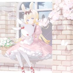 Rule 34 | 1girl, animal ears, blonde hair, blue eyes, branch, brick wall, closed mouth, commentary request, commission, day, dotted line, dress, feet out of frame, flower, flower pot, highres, juliet sleeves, long hair, long sleeves, hugging object, original, outdoors, pantyhose, pink dress, pink flower, puffy sleeves, purple flower, rabbit ears, red footwear, shoes, sitting, skeb commission, solo, stuffed animal, stuffed rabbit, stuffed toy, very long hair, white flower, white pantyhose, window, yamiko