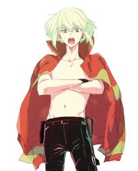 Rule 34 | 1boy, black gloves, blonde hair, earrings, gloves, green hair, half gloves, jacket, jewelry, lio fotia, looking at viewer, male focus, navel, open mouth, pectorals, prmaren1, promare, purple eyes, simple background, solo, white background