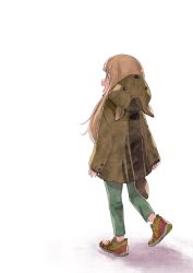 Rule 34 | 1girl, animal hood, blush, brown eyes, brown hair, commentary request, from behind, full body, highres, hood, hooded jacket, ichihara nina, idolmaster, idolmaster cinderella girls, jacket, kyouno, long hair, open mouth, pants, profile, shoes, simple background, sleeves past wrists, smile, sneakers, solo, standing, white background