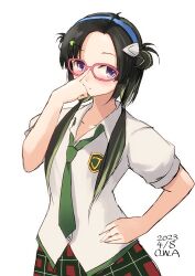 Rule 34 | 1girl, adjusting eyewear, ahoge, artist name, bespectacled, black hair, blue hairband, collared shirt, commentary request, cosplay, cowboy shot, dated, double bun, dress shirt, evangelion: 2.0 you can (not) advance, evangelion: 3.0 you can (not) redo, forehead, glasses, green hair, green necktie, hair bun, hairband, hand on own hip, highres, interface headset, kantai collection, long hair, looking at viewer, makinami (kancolle), makinami mari illustrious, makinami mari illustrious (cosplay), multicolored hair, name connection, necktie, neon genesis evangelion, one-hour drawing challenge, owa (ishtail), pink-framed eyewear, plaid, plaid skirt, rebuild of evangelion, red skirt, shirt, skirt, solo, white shirt