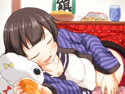 Rule 34 | 10s, 1girl, = =, agano (kancolle), black hair, bowl, breasts, cleavage, collarbone, commentary request, cst (cocost), cup, drooling, closed eyes, food, fruit, kantai collection, kotatsu, large breasts, long hair, mandarin orange, miss cloud, open mouth, saliva, school uniform, serafuku, skirt, sleeping, solo, table, under kotatsu, under table