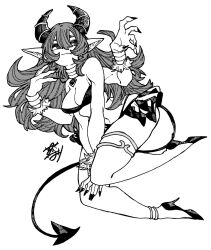 1girl all_yellow777 extra_arms high_heels horns long_hair monochrome original pointy_ears ringed_eyes sketch solo tail thigh_strap