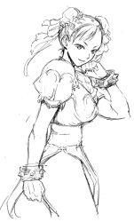 Rule 34 | bracelet, capcom, chinese clothes, chun-li, coelacanth (gyotaku), double bun, greyscale, jewelry, lineart, looking at viewer, monochrome, sketch, smile, solo, spiked bracelet, spikes, street fighter, street fighter ii (series)