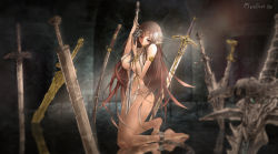 Rule 34 | 1girl, absurdres, armlet, artist name, bare shoulders, barefoot, between breasts, between legs, breasts, brown hair, caliburn (fate), chain, collarbone, covered erect nipples, dated, elf, excalibur (fate/stay night), excalibur (mythology), fate (series), fingernails, forehead jewel, groin, hands on hilt, highres, holding, holding sword, holding weapon, katana, kneeling, large breasts, loincloth, long fingernails, long hair, looking at viewer, moonface, nail polish, original, pelvic curtain, planted, planted sword, planted weapon, pointy ears, red eyes, restrained, revealing clothes, solo, standing, standing on liquid, sword, very long hair, warcraft, warcraft iii, warcraft iii, water, weapon, yellow nails