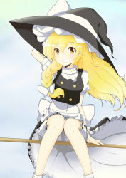 Rule 34 | 1girl, absurdres, apron, arm behind head, blonde hair, bloomers, bow, braid, broom, broom riding, eramthgin, frilled skirt, frills, gradient background, grin, hair bow, hat, highres, kirisame marisa, knees together feet apart, long hair, looking at viewer, simple background, single braid, skirt, skirt set, smile, solo, touhou, underwear, waist apron, witch hat, yellow eyes