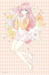 Rule 34 | 1girl, argyle, argyle background, argyle clothes, blue eyes, breasts, casual, cleavage, commission, dress, floral background, flower, flower request, full body, hair between eyes, jacket, jewelry, long hair, looking at viewer, medium breasts, midair, necklace, orange flower, original, own hands together, parted lips, pastel colors, pink background, pink flower, pink hair, red flower, rhombus background, rose, skeb commission, smile, solo, takanashi tsubasa, white dress, white flower, white footwear, white rose, yellow flower, yellow jacket