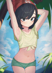 Rule 34 | + +, 1girl, absurdres, arm behind head, arm up, armpits, beanie, black hair, blurry, blurry background, cloud, coconut, coconut tree, collarbone, cowboy shot, creatures (company), day, eyelashes, female focus, game freak, green shorts, grey eyes, hand up, hat, highres, looking at viewer, navel, nintendo, outdoors, palm tree, pokemon, pokemon sm, red hat, selene (pokemon), shirt, short shorts, shorts, sky, solo, standing, suitshark, sweat, tied shirt, tree, yellow shirt