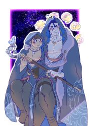 Rule 34 | 2boys, animal skull, bara, black pants, blue hair, blush, border, brown eyes, closed mouth, commentary request, crossed legs, dark blue hair, earrings, facial hair, full body, goatee, hair between eyes, halo, halo behind head, highres, holding, holding staff, hooded robe, jewelry, kusarikake, large pectorals, long sideburns, looking at another, magatama, magatama necklace, male focus, multiple boys, muscular, muscular male, necklace, open clothes, open robe, outside border, pants, pectoral cleavage, pectorals, protagonist 5 (housamo), robe, short hair, sideburns, single earring, sitting, skull necklace, sky, smile, sparkle, staff, star (sky), starry sky, stubble, tassel, tassel earrings, thick eyebrows, tokyo houkago summoners, tsukuyomi (housamo), white border, yellow eyes