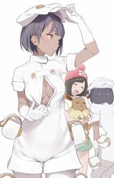 Rule 34 | 3girls, aether foundation employee, beanie, black hair, blush, breasts, cabbie hat, center opening, closed eyes, creatures (company), dark-skinned female, dark skin, eevee, game freak, gen 1 pokemon, gloves, green shorts, hat, headpat, holding, holding clothes, holding hat, hug, multiple girls, nintendo, no bra, open mouth, pantyhose, petting, pokemon, pokemon (creature), pokemon sm, pouch, red hat, selene (pokemon), shinjiro, shirt, short hair, short sleeves, shorts, simple background, small breasts, smile, t-shirt, white background, white gloves, white hat, white legwear, yellow shirt