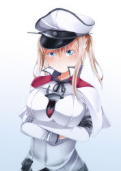 Rule 34 | &gt;:(, 10s, 1girl, black gloves, black ribbon, blonde hair, blue eyes, breasts, cowboy shot, crossed arms, female focus, frown, gloves, gradient background, graf zeppelin (kancolle), hat, highres, kantai collection, large breasts, long sleeves, looking at viewer, peaked cap, ribbon, serious, short hair, simple background, solo, standing, uniform, v-shaped eyebrows, yasume yukito