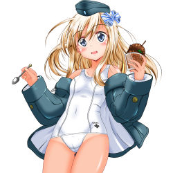 Rule 34 | 10s, 1girl, black jacket, blonde hair, blue eyes, bow, cowboy shot, food, garrison cap, hair bow, hat, ice cream, jacket, kantai collection, long hair, mikuri ouda, one-piece swimsuit, one-piece tan, school swimsuit, simple background, solo, spoon, striped, striped bow, swimsuit, swimsuit under clothes, tan, tanline, u-511 (kancolle), white background, white one-piece swimsuit, white school swimsuit