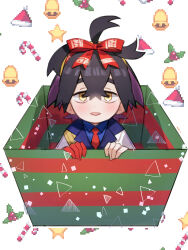 Rule 34 | 1boy, ahoge, bell, black hair, blue shirt, blush, bow, box, candy, candy cane, christmas, colored inner hair, commentary request, creatures (company), food, game freak, gift, gloves, hair bow, hat, headband, highres, in box, in container, jacket, kieran (pokemon), looking at viewer, male focus, merry christmas, mistletoe, multicolored hair, necktie, nintendo, open mouth, pokemon, pokemon sv, purple hair, red bow, red gloves, red necktie, santa hat, shirt, short hair, single glove, star (symbol), strap, two-tone hair, upper body, white jacket, yellow eyes, yellow headband