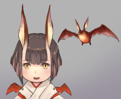 Rule 34 | 1girl, :d, animal ears, bat (animal), bat ears, bat girl, bat wings, black hair, cactus41747280, creature and personification, fangs, final fantasy, final fantasy xi, grey background, highres, japanese clothes, multicolored hair, open mouth, personification, pink hair, red pupils, red wings, short hair, simple background, smile, solo, two-tone hair, upper body, wings, yellow eyes
