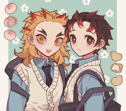 Rule 34 | 2boys, :d, alternate costume, bag, black hair, black necktie, blonde hair, blue background, blue shirt, collared shirt, colored tips, commentary request, contemporary, food, forked eyebrows, fruit, highres, kamado tanjirou, kimetsu no yaiba, long sleeves, looking at viewer, male focus, meremero, multicolored hair, multiple boys, necktie, open mouth, peach, red eyes, red hair, rengoku kyoujurou, school bag, school uniform, shirt, short hair, smile, sweater vest, upper body, yellow eyes