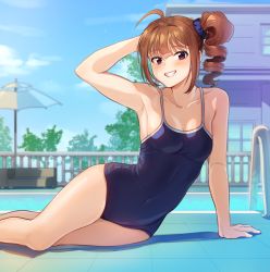 Rule 34 | 1girl, ahoge, arm behind head, arm up, armpits, beach umbrella, blue one-piece swimsuit, blue scrunchie, blue sky, blurry, blurry background, breasts, brown hair, building, cloud, cloudy sky, commentary, covered navel, day, depth of field, drill hair, grin, hair ornament, hair scrunchie, half-closed eyes, idolmaster, idolmaster million live!, kamille (vcx68), light blush, looking at viewer, lying, medium breasts, medium hair, on side, one-piece swimsuit, outdoors, pool, purple eyes, railing, school swimsuit, scrunchie, seductive smile, side drill, side ponytail, sky, smile, solo, swimsuit, umbrella, yokoyama nao