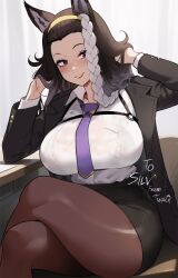 Rule 34 | 1girl, animal ears, blush, borrowed character, braid, breasts, crossed legs, formal, gift art, highres, large breasts, legs, long braid, long hair, looking at viewer, nyantcha, office lady, open mouth, original, pantyhose, parted lips, pencil skirt, single braid, sitting, skirt, smile, solo, thick thighs, thighs, wolf ears, wolf girl