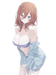 Rule 34 | 1girl, azuki (ckxs7444), blue shirt, bra, breasts, brown hair, cleavage, closed mouth, collarbone, go-toubun no hanayome, hair between eyes, highres, large breasts, long hair, looking at viewer, nakano miku, purple bra, purple eyes, shirt, shirt down, simple background, solo, standing, underwear, white background