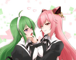 Rule 34 | 2girls, ahoge, annoyed, assault lily, asymmetrical docking, black ribbon, blush, breast press, breasts, commentary request, cropped jacket, endou araya, eye contact, face-to-face, finger to another&#039;s mouth, from side, green hair, hair between eyes, hairband, hairpods, half-closed eyes, hand on another&#039;s chin, hand up, heart, juliet sleeves, long hair, long sleeves, looking at another, medium breasts, multiple girls, naughty face, neck ribbon, nose blush, open mouth, patterned background, pink hair, puffy sleeves, purple eyes, red eyes, ribbon, school uniform, shirt, sidelocks, smirk, sweatdrop, tanaka ichi, teeth, upper body, upper teeth only, urutsu sahari, v-shaped eyebrows, white background, white hairband, white shirt, yuri, yurigaoka girls academy school uniform