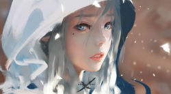 Rule 34 | 1girl, blue eyes, blurry, blurry background, close-up, commentary, copyright name, elf, eyelashes, ghostblade, highres, hood, hood up, lips, long hair, looking at viewer, mole, mole under eye, motion blur, original, parted lips, pointy ears, portrait, silver hair, sketch, solo, teeth, upper body, wlop