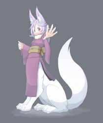 Rule 34 | 1girl, 4138, :3, animal ears, centauroid, female focus, fox ears, full body, grey background, highres, japanese clothes, light purple hair, monster girl, obi, original, outstretched hand, red eyes, sash, simple background, solo, taur