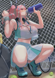 Rule 34 | 1girl, absurdres, azur lane, ball, blush, bottle, breasts, bremerton (azur lane), bremerton (scorching-hot training) (azur lane), chain-link fence, crop top, crop top overhang, drink, fence, grey hair, hair between eyes, hair ornament, hairclip, heart, heart necklace, highres, jewelry, large breasts, long hair, looking at viewer, manjuu (azur lane), multicolored hair, necklace, pink eyes, pink hair, racket, shirt, shoes, skirt, sleeveless, sleeveless shirt, sneakers, sportswear, streaked hair, tennis ball, tennis racket, tennis uniform, twintails, two-tone shirt, two-tone skirt, umirororo, water bottle