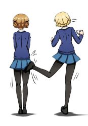 Rule 34 | 2girls, black footwear, blonde hair, blue skirt, blue sweater, braid, chisato and takina kicking each other&#039;s butt (meme), collared shirt, cup, darjeeling (girls und panzer), from behind, girls und panzer, highres, holding, holding cup, kicking, loafers, lycoris recoil, meme, miniskirt, multiple girls, omachi (slabco), orange hair, orange pekoe (girls und panzer), pantyhose, parody, pleated skirt, scene reference, school uniform, shirt, shoes, short hair, simple background, skirt, st. gloriana&#039;s school uniform, stand by me, sweater, teacup, twin braids, white background, white shirt