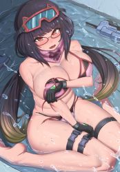 Rule 34 | 1girl, bikini, black gloves, black hair, breasts, brown hair, covering privates, covering breasts, fate/grand order, fate (series), gloves, goggles, goggles on head, gradient hair, large breasts, long hair, looking at viewer, multicolored hair, nigane, open mouth, osakabehime (fate), osakabehime (swimsuit archer) (fate), osakabehime (swimsuit archer) (second ascension) (fate), red-framed eyewear, red eyes, semi-rimless eyewear, sitting, ski goggles, solo, thigh strap, torn bikini, torn clothes, twintails, under-rim eyewear, very long hair, wariza, wavy mouth
