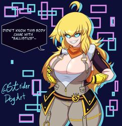 Rule 34 | 1girl, ahoge, artist name, belt, blonde hair, blue eyes, breast hold, breasts, cleavage, corruption, curious cat (rwby), dark persona, english text, evil smile, fingerless gloves, gloves, highres, holding, large breasts, long hair, possessed, possession, rwby, scarf, slit pupils, smile, speech bubble, striderdogart, suspenders, yang xiao long