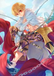 Rule 34 | 1boy, blonde hair, chain, child, child gilgamesh (fate), enkidu (weapon) (fate), fate/grand order, fate/hollow ataraxia, fate (series), gilgamesh (fate), jacket, looking at viewer, male focus, navel, official art, open clothes, open jacket, outdoors, red eyes, short hair, solo, tenkuu sphere, torn clothes, torn jacket, white jacket