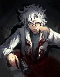Rule 34 | 1boy, blood, blood on clothes, blue eyes, commentary, glasses, grey shirt, gun, highres, holding, holding gun, holding weapon, kanou aogu, lab coat, long sleeves, male focus, nan fu dian ci, open clothes, open mouth, partially submerged, rectangular eyewear, saibou shinkyoku, shirt, short hair, smile, solo, symbol-only commentary, weapon, white hair