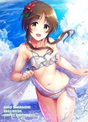 Rule 34 | 1girl, absurdres, armpit crease, bikini, blue sky, blush, brown hair, character name, cloud, dated, day, flat chest, flower, hair flower, hair ornament, happy birthday, highres, idolmaster, idolmaster cinderella girls, long hair, looking at viewer, md5 mismatch, ment, navel, ocean, open mouth, outdoors, ponytail, red flower, resolution mismatch, short hair, short hair with long locks, sky, smile, solo, source larger, splashing, swimsuit, takamori aiko, wading, white bikini, yellow eyes