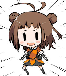 Rule 34 | 10s, 1girl, :d, antenna hair, bad id, bad pixiv id, blunt bangs, brown hair, chibi, double bun, elbow gloves, gloves, hair bun, kantai collection, moru (monaka), motion lines, naka (kancolle), open mouth, personification, pleated skirt, sailor collar, skirt, smile, solo, | |, || ||
