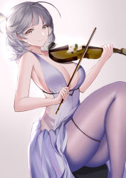 Rule 34 | 1girl, absurdres, ahoge, alternate costume, an yasuri, azur lane, blush, breasts, cleavage, dress, fang, feet out of frame, grey hair, highres, holding, holding instrument, instrument, large breasts, long hair, looking at viewer, pantyhose, purple dress, seattle (azur lane), simple background, sitting, skin fang, skindentation, smile, solo, thigh strap, thighs, violin