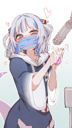 Rule 34 | 1girl, absurdres, at2., blonde hair, blue background, blue eyes, blue hair, blue hoodie, commentary, drawstring, english commentary, fins, fish tail, gawr gura, gradient background, grey hair, hair ornament, hands up, heart, highres, hololive, hololive english, hood, hood down, hoodie, long hair, mask, microphone, mouth mask, multicolored hair, shark print, shark tail, short sleeves, soap, soap bubbles, solo, streaked hair, surgical mask, tail, tail raised, two side up, virtual youtuber, washing hands, white background, wide sleeves