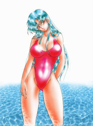 Rule 34 | 1girl, blue eyes, blue hair, blush, breasts, collarbone, large breasts, long hair, looking at viewer, one-piece swimsuit, parted lips, partially submerged, pool, red one-piece swimsuit, standing, swimsuit, teeth, water, white background