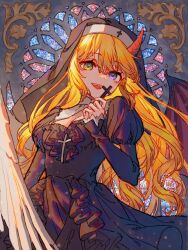 Rule 34 | 1girl, black dress, blonde hair, breasts, catholic, cross, cross print, crucifix, dress, frilled dress, frills, heterochromia, highres, holding, holding cross, horns, i became a god in a horror game, large breasts, leiluoreo, long hair, long sleeves, looking at viewer, nun, open mouth, phoebe (i became a god in a horror game), purple eyes, single horn, smile, solo, wavy hair