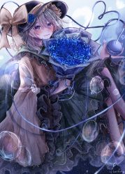 Rule 34 | 1girl, absurdres, annin cha, blue eyes, blue flower, blue rose, blush, bouquet, bow, dress, flower, hat, heart, heart of string, highres, holding, komeiji koishi, light smile, long hair, long sleeves, looking at viewer, rose, solo, third eye, touhou