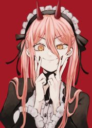 Rule 34 | 1girl, chainsaw man, cross-shaped pupils, double v, hair between eyes, highres, horns, long hair, looking at viewer, maid, maid headdress, pink hair, power (chainsaw man), red background, red horns, ribbon, simple background, smile, solo, symbol-shaped pupils, v, woruworu 61, yellow eyes
