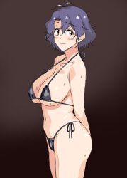 Rule 34 | 1girl, antenna hair, areola slip, arms behind back, bikini, black bikini, blue hair, breasts, brown background, brown eyes, closed mouth, commentary request, cowboy shot, dark blue hair, hair between eyes, highres, humiyou, idolmaster, idolmaster million live!, large breasts, light blush, looking at viewer, looking to the side, micro bikini, navel, revealing clothes, short hair, side-tie bikini bottom, simple background, smile, solo, standing, sweat, swimsuit, toyokawa fuka, wavy hair