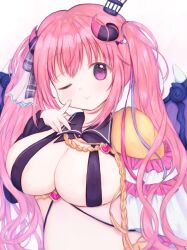 Rule 34 | 1girl, ;), anneliese, blue ribbon, blush, breasts, cleavage, closed mouth, commentary, covered erect nipples, crown, curled horns, demon girl, demon horns, demon wings, detached collar, finger to cheek, hair between eyes, hair ribbon, hand up, heart-shaped ornament, highres, horns, kimagure temptation, large breasts, long hair, looking at viewer, mini crown, one eye closed, pink hair, pink ribbon, purple eyes, ribbon, sakata misuzu, simple background, smile, solo, tareme, twintails, upper body, very long hair, white background, wing collar, wings