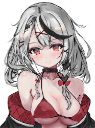 Rule 34 | 1girl, absurdres, bikini, black collar, black hair, black jacket, bow, braid, breasts, cleavage, collar, grey hair, hair bow, hair ornament, hairpin, highres, hololive, jacket, large breasts, looking at viewer, medium hair, multicolored hair, red bikini, red bow, red eyes, red jacket, sakamata chloe, single braid, solo, streaked hair, swimsuit, tazrn1, two-sided fabric, two-sided jacket, virtual youtuber, x hair ornament
