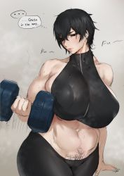 Rule 34 | 1girl, abs, arm support, armpits, bare shoulders, black eyes, black hair, black pants, black shirt, breast conscious, breasts, cameltoe, curvy, dumbbell, english text, exercising, female focus, female pubic hair, hand up, huge breasts, kunaboto, kurogane chichiushi, looking to the side, navel, original, pants, parted lips, pubic hair, pubic hair peek, shirt, short hair, skin tight, sleeveless, sleeveless shirt, solo, source request, speech bubble, sports bra, sportswear, sweatdrop, turtleneck, weightlifting, wide hips